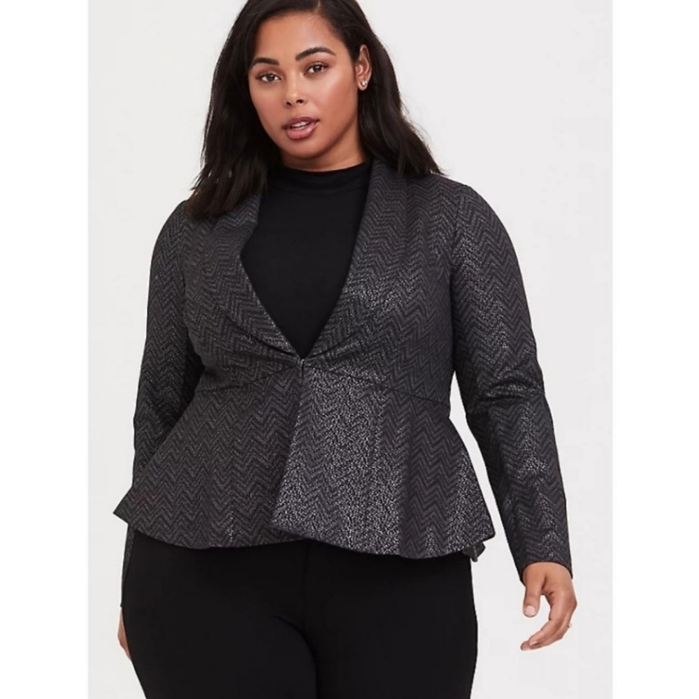 Torrid Studio Uptown Premium Ponte Black Chevron Stretch Peplum Blazer